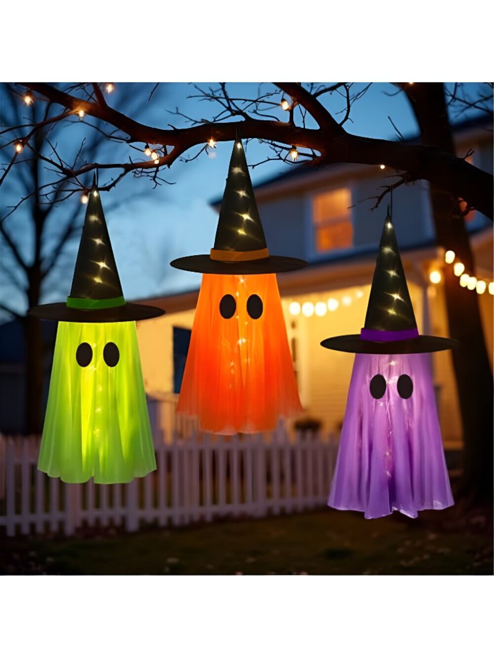3 Pack Light-up Halloween Hanging Witch Ghost Decor Outdoor